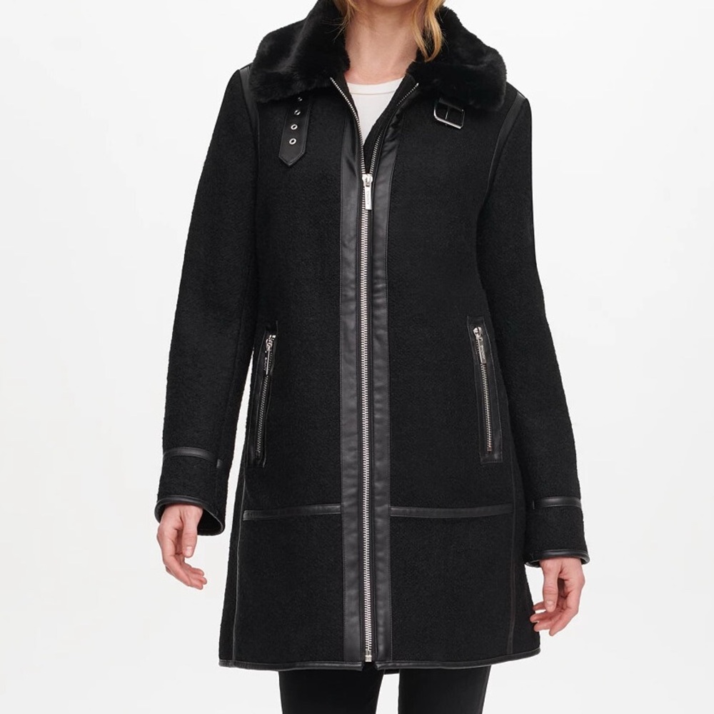 DKNY Black Boucle Wool Leather Buckle Mixed-Media Walker Coat PL